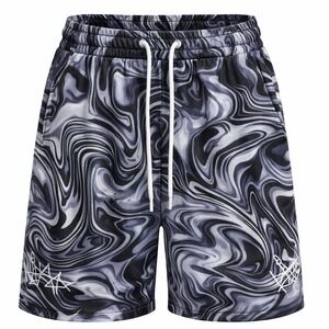 Savage Mesh Athletic Shorts Mens Medium Black Gray Marble Swirl Drawstring 5in